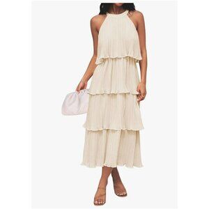 Womens Small Elegant Halter Neck Pleated Tiered Maxi Cream Dress Sleeveless